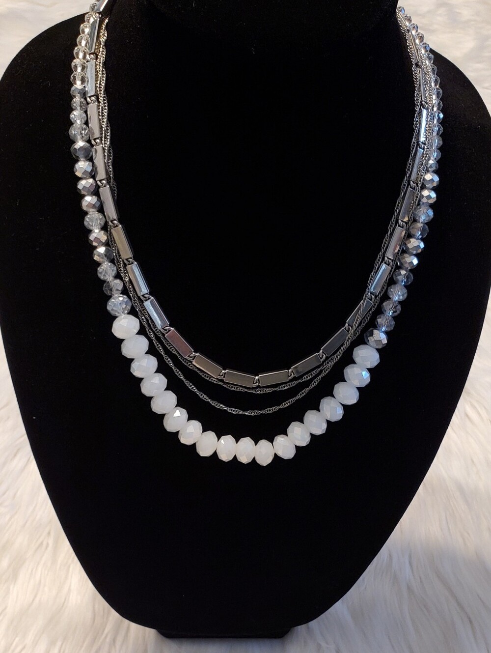 WHBM Convertible Layered Statement Necklace Silver Grey White Beaded With Chains